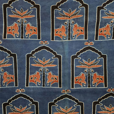 Pure Cotton Ajrak Blue With Black And Rust Red Window With Intricate Cow Design Hand Block Print Fabric