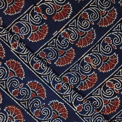 ( Pre-Cut 1.20 Meter ) Pure Cotton Ajrak Blue With Bush Border Horizontal Hand Block Print Fabric