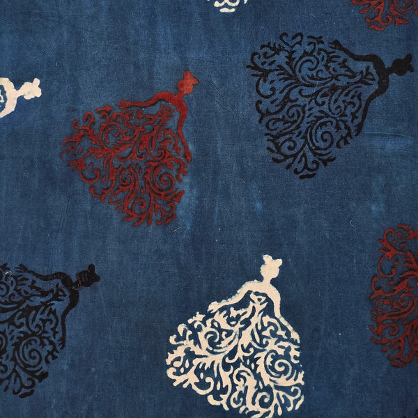 Pure Cotton Ajrak Blue With Cream And Black Doll Motif Hand Block Print Fabric