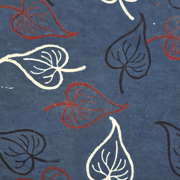 Pure Cotton Ajrak Blue With Cream And Black Leaves Motif Hand Block Print Fabric
