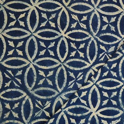 Pure Cotton Ajrak Ink Blue With Cream Geometrical Hand Block Print Fabric