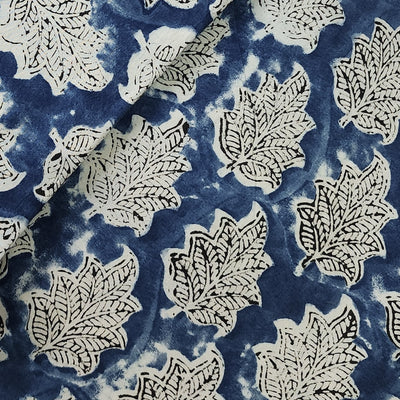 Pure Cotton Ajrak Blue  With Cream Leaves Motif Hand Block Print Fabric
