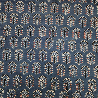 Pure Cotton Ajrak  Blue With Grass Flower Motif Hand Block Print Fabric