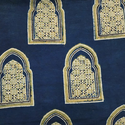 Pure Cotton Ajrak Blue With Green Accient Door Hand Block Print Fabric