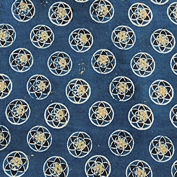 Pure Cotton Ajrak Blue With Green Circle Star Hand Block Print Fabric