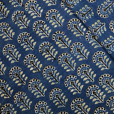 Pure Cotton Ajrak   Blue With Green Grass Flower Motif Hand Block Print Fabric