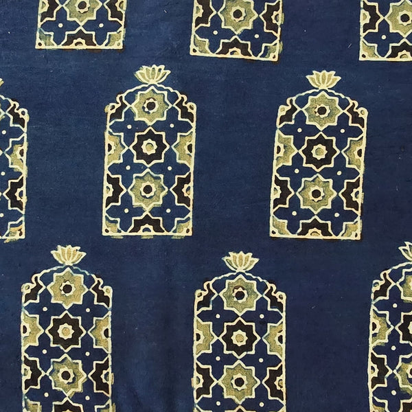 Pure Cotton Ajrak Blue With Green Intricate Design Door Hand Block Print Fabric