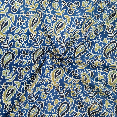( Pre-Cut 1.20 Meter ) Pure Cotton Ajrak Blue With Green Kairi And Flower Jaal Hand Block Print Fabric