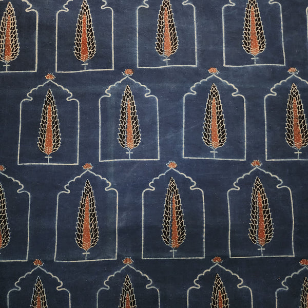 Pure Cotton Ajrak Blue With Intricate Design Hand Block Print Fabric