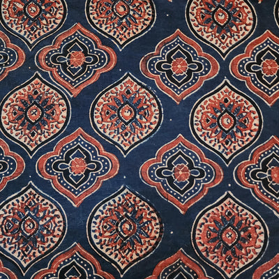 Pure Cotton Ajrak Blue With Intricate Design With Red Hand Block Print Fabric