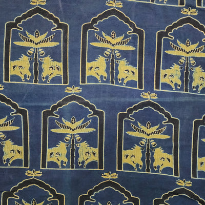 Pure Cotton Ajrak Blue With Light Green Window With Intricate Cow Design Hand Block Print Fabric