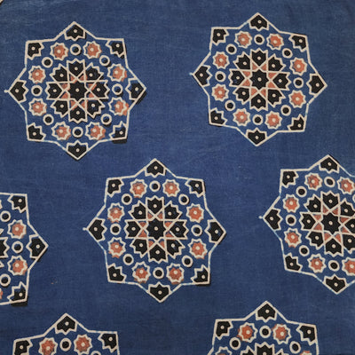 Pure Cotton Ajrak Blue With Light Red With Black Big Flower Intricate Design Hand Block Print Fabric