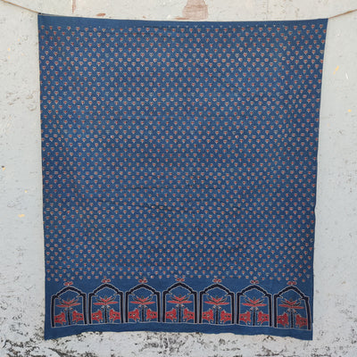 (Pre-Cut 2.60 meter )Pure Cotton Ajrak Blue With Lotus And Big Border Hand Block Print Fabric