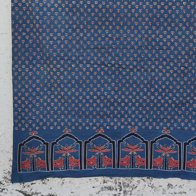 (Pre-Cut 2.60 meter )Pure Cotton Ajrak Blue With Lotus And Big Border Hand Block Print Fabric