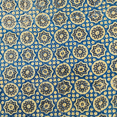 Pure Cotton Ajrak Blue With Mustard Mahindi Chakra Hand Block Print Fabric
