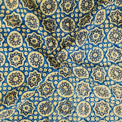 Pure Cotton Ajrak Blue With Mustard Mahindi Chakra Hand Block Print Fabric