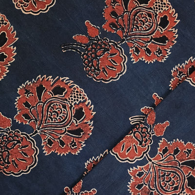 Pure Cotton Ajrak  Blue With Red Big Wild Jungle Flower Motif Hand Block Print Fabric