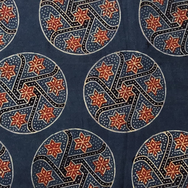 Pure Cotton Ajrak Blue With Big Chakra Hand Block Print Fabric