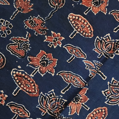 Pure Cotton Ajrak  Blue With Red  Different Flower In Pond Grass Flower Motif Hand Block Print Fabric