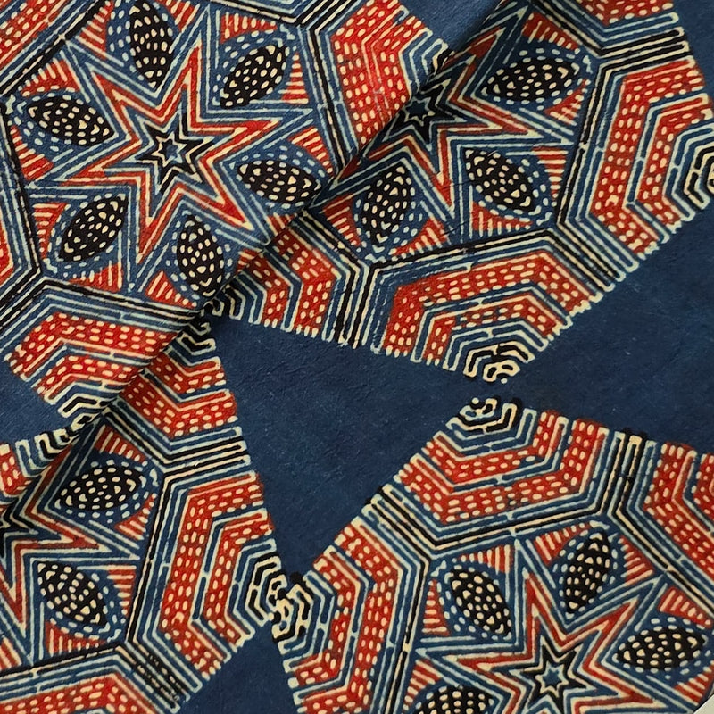 Pure Cotton Ajrak Blue With Red Inricate Design Big Star Hand Block Print Fabric
