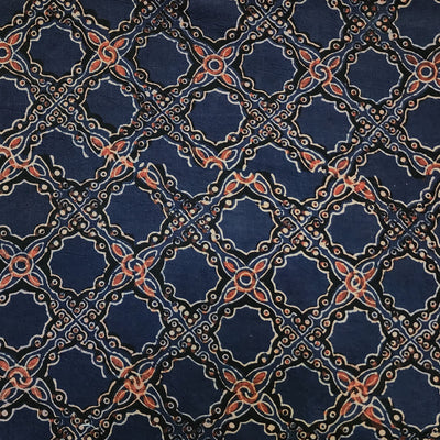 Pure Cotton Ajrak Blue With Red Intricate Design Hand Block Print Fabric