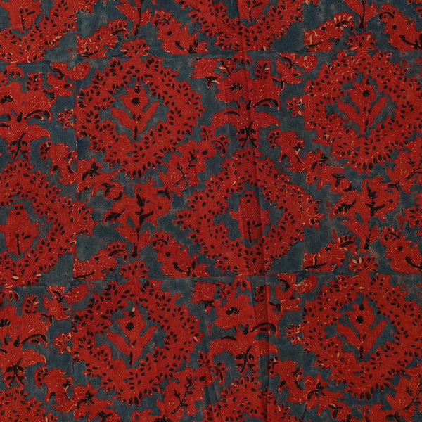 ( Pre-Cut 1.60 Meter ) Pure Cotton Ajrak Blue With Red Intricate Design Jaal Hand Block Print Fabric