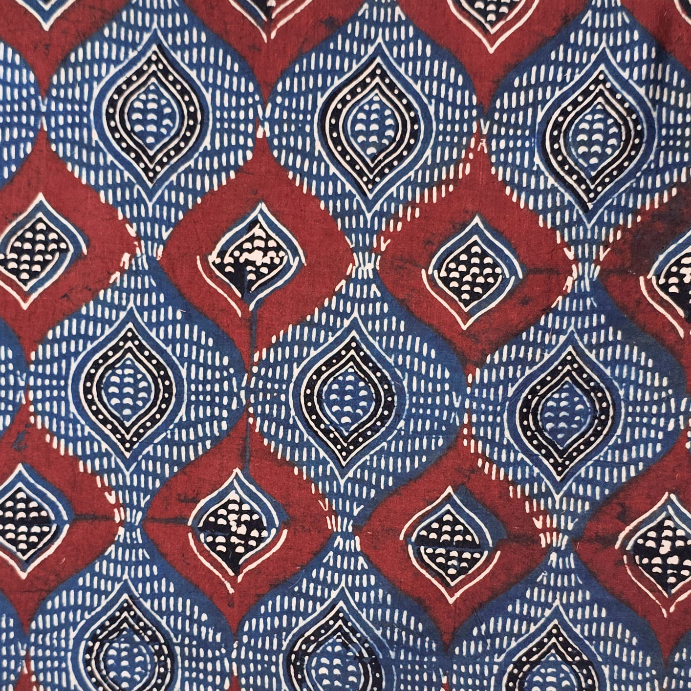 Blue Raj Pattern (PRE-CUT1.35 METER)Pure Cotton Ajrak Blue With Red Intricate Diamond D ...