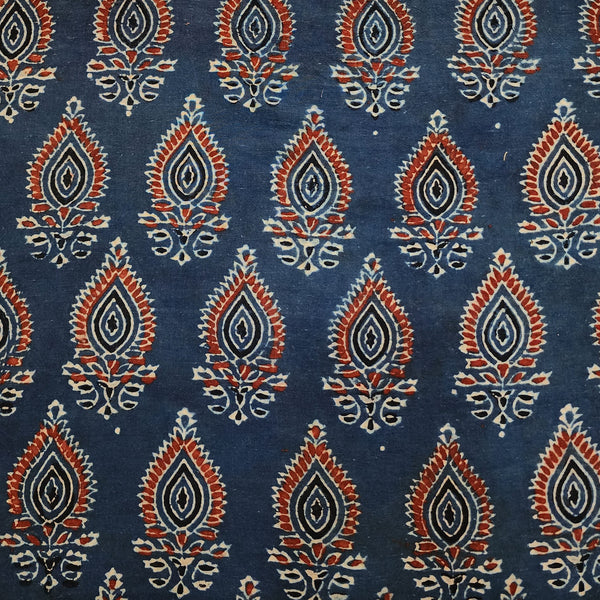 Pure Cotton Ajrak Blue With Red Rust Leaves Motif Hand Block Print Fabric