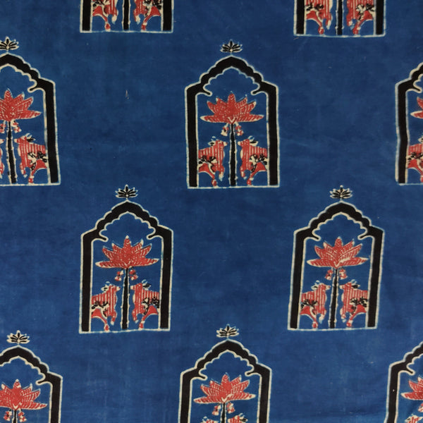 ( Pre-Cut 1.45 Meter ) Pure Cotton Ajrak Blue With Rust Big Window With Intricate Design Hand Block Print Fabric