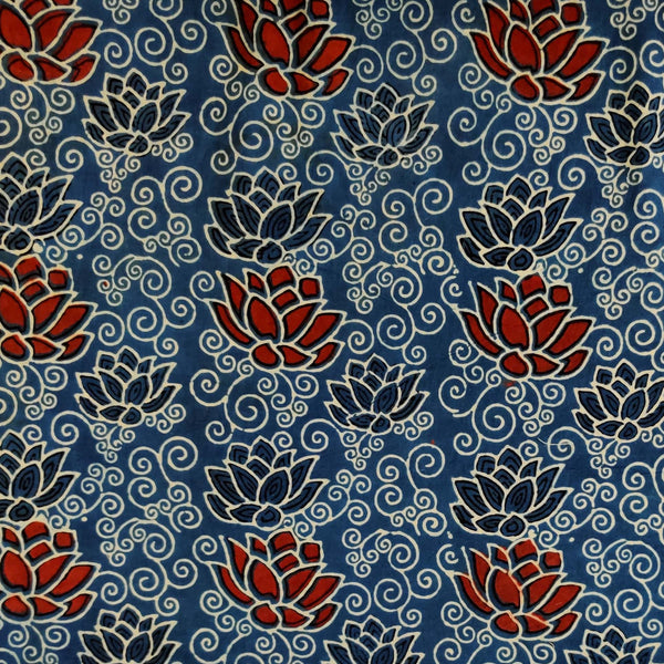 Pre-cut 1.25 meter Pure Cotton Double Ajrak Blue With Rust Flower Curvy Jaal Hand Block Print Fabric