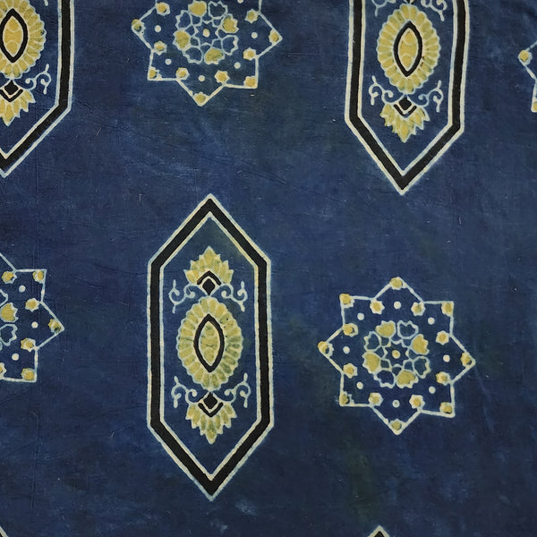 Pure Cotton Ajrak Blue With Rust Green Intricate Design Hand Block Print Fabric