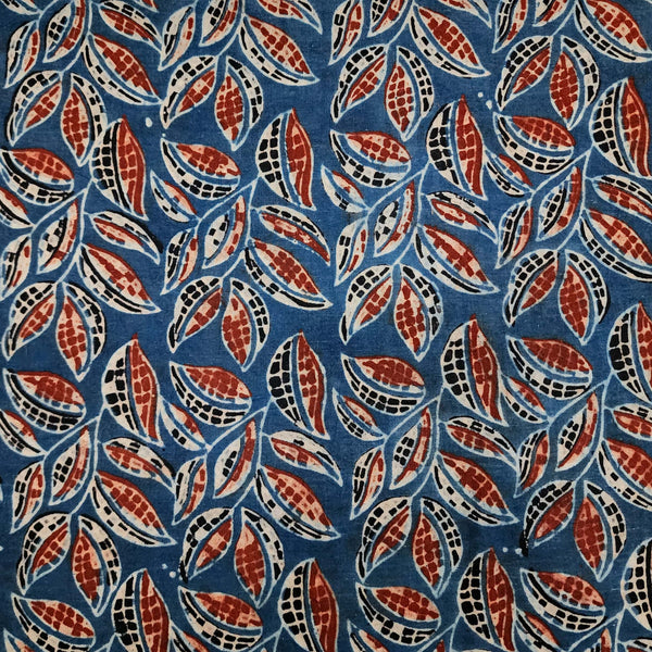 Pure Cotton Ajrak Blue With Rust Leaves Jaal Hand Block Print Fabric