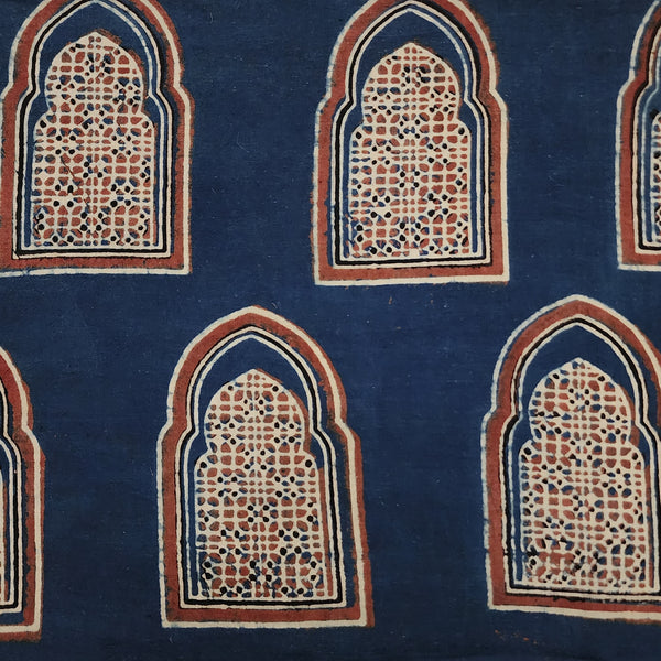 Pure Cotton Ajrak Blue With Rust Red Accient Door Hand Block Print Fabric