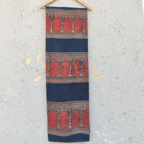 Pure Cotton Ajrak Blue With Rust Red Big Border Intricate Design Hand Block Print Fabric