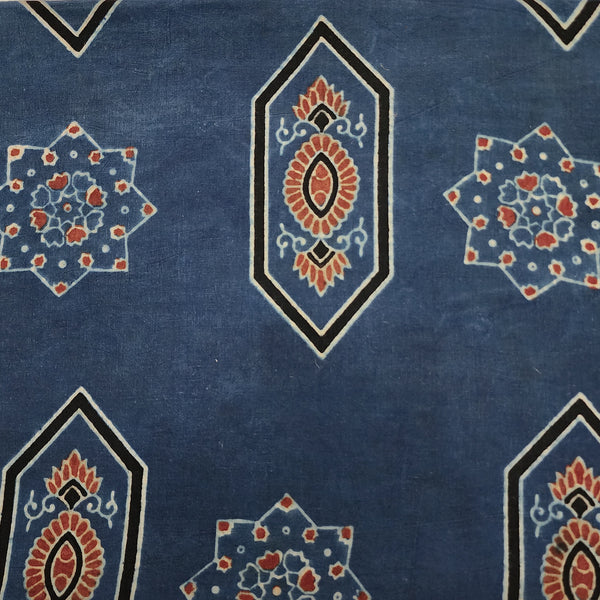 Pure Cotton Ajrak Blue With Rust Red Intricate Design Hand Block Print Fabric