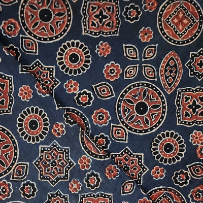 Pure Cotton Ajrak  Blue With Rust Red Intricate Design Hand Block Print Fabric