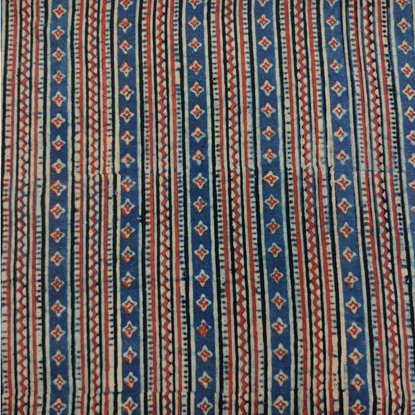 Pure Cotton Ajrak Blue With Rust Two Different Border Hand Block Print Fabric