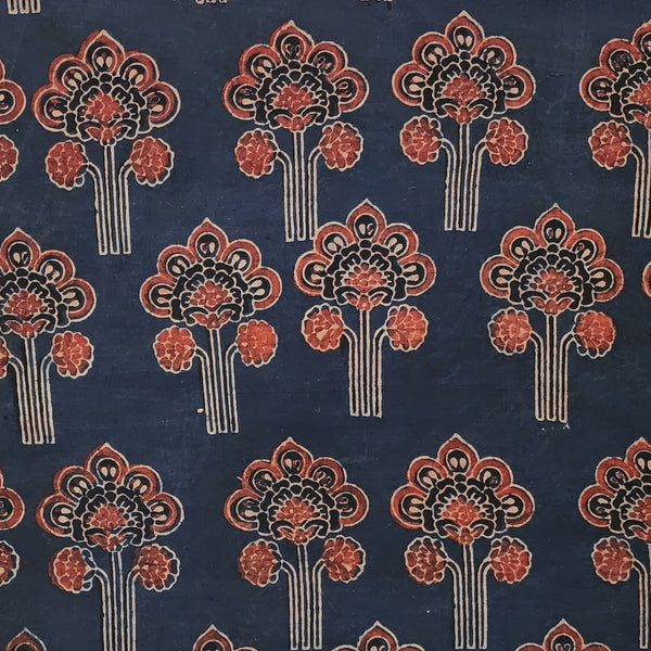 Pure Cotton Ajrak Blue With Tree Motif Hand Block Print Fabric