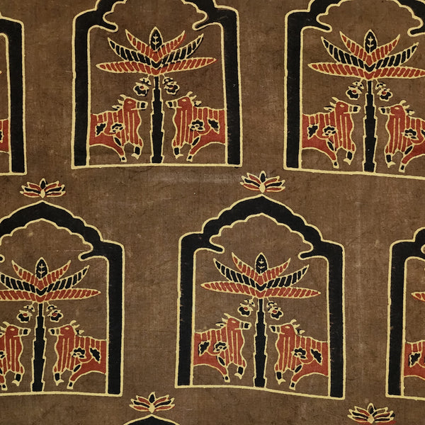 ( Pre-Cut 1.60  ) Meter Pure Cotton Ajrak  Brown With Black And Rust Red Window With Intricate Cow Design Hand Block Print Fabric