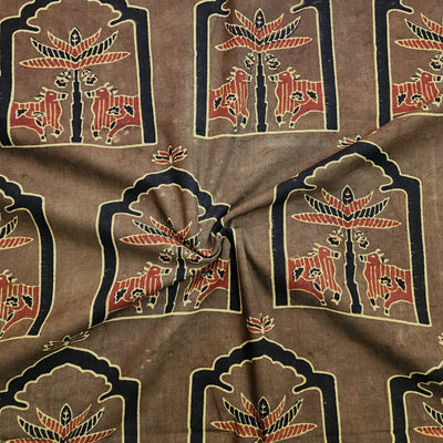 Pure Cotton Ajrak  Brown With Black And Rust Red Window With Intricate Cow Design Hand Block Print Fabric