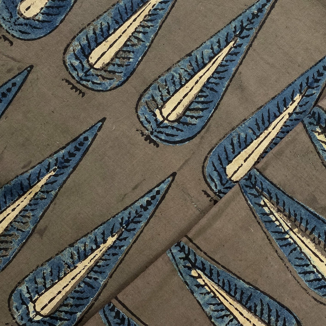 Brown Aspen Leaf Design Ajrakh Block Printed Handloom Chanderi Silk Fabric