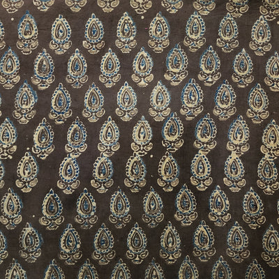 Pure Cotton Ajrak Brown With Blue Motif Of Flower Buds Hand Block Print Fabric