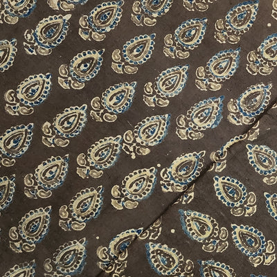 Pure Cotton Ajrak Brown With Blue Motif Of Flower Buds Hand Block Print Fabric