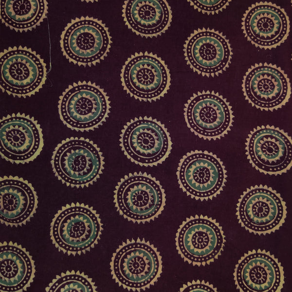 ( Pre-Cut 0.80 Meter )mPure Cotton Ajrak Brown With Greenish And Cream Chakra Motifs Hand Block Print Fabric