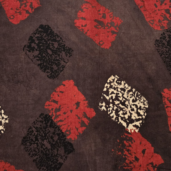 Pure Cotton Ajrak Brown With Rust Red And Black Patches Hand Block Print Fabric