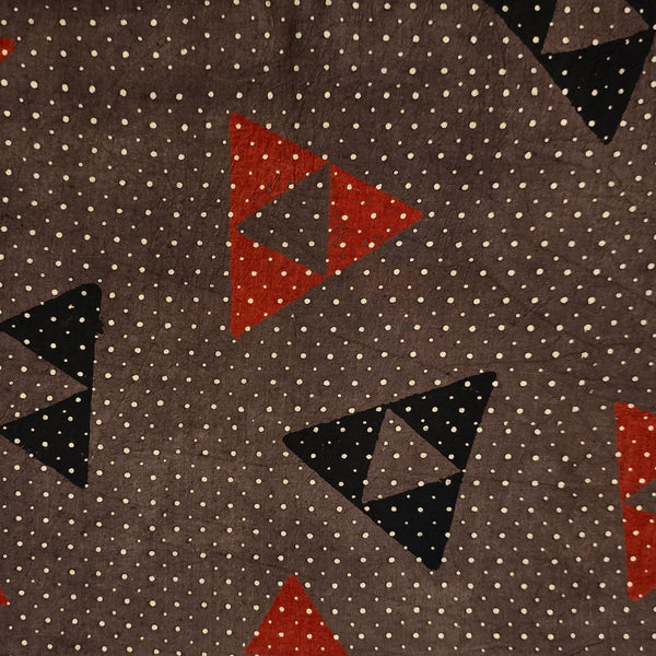 Pure Cotton Ajrak Brown With Rust Red And Black Triangle Hand Block Print Fabric