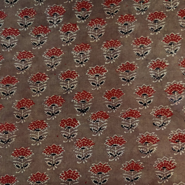Pre-cut 1 meter Pure Cotton Ajrak Brown With Single Wild Flower Hand Block Print Fabric