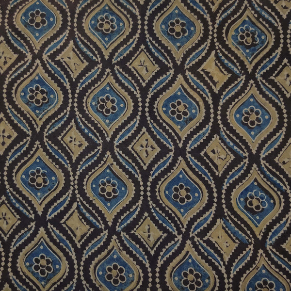 ( Pre-Cut 1.65 Meter )Pure Cotton Ajrak Brown With Wobbly All Over Pattern Hand Block Print Fabric