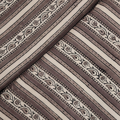 Pre Cut 2 m Pure Cotton Ajrak Chicku Brown And Cream   Stripes Border Hand Block Print Fabric