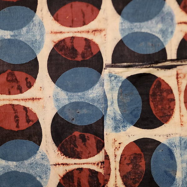 ( Pre-Cut 1.90 Meter)Pure Cotton Ajrak Contemporary Big Circles  Cream With Black And Rust Red And Blue Hand Block Print Fabric